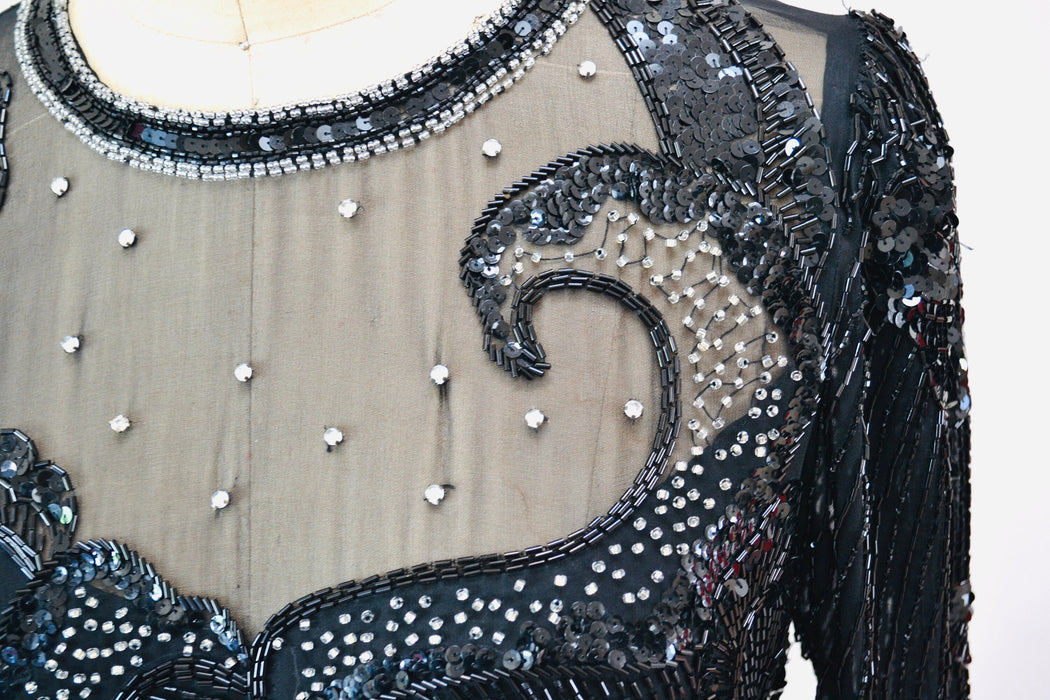 80s 90s GLAM Vintage Black Beaded Sequin Party Cocktail Dress Small Medium by Nighline Black Silk Long Sleeve Party Pageant Sequin Dress