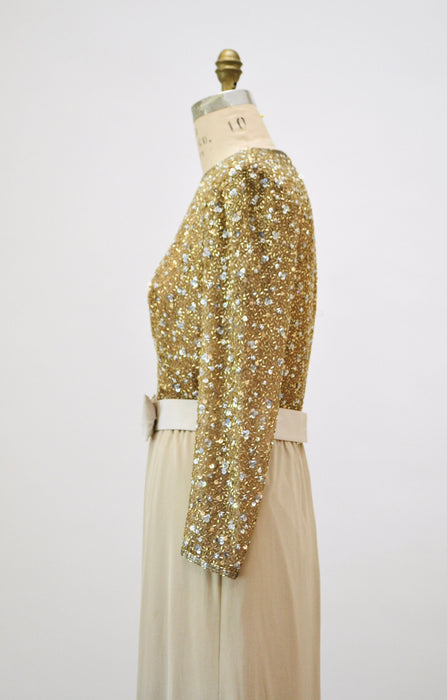 70s 80s Gold Sequin Metallic Dress Gown Wedding Dress 70s Gold Silver Beaded Dress Medium By Claire Pearone// 70s Vintage Beaded Gold Dress