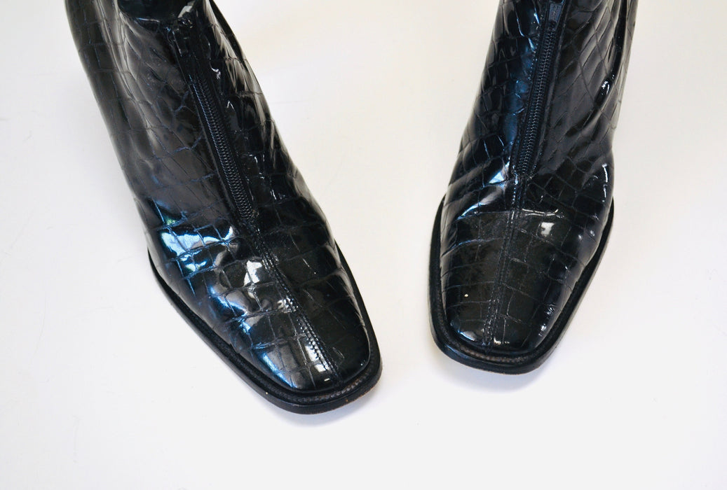 90s 00s Black Patent Leather Cropped High heel Boots 37 1/2 7 1/2 by Omari Made in Italy Cropped Reptile Patent Leather Booties Size 37 1/2
