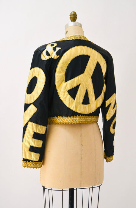 90s Vintage Moschino Peace LOVE NOW Leather Jacket Vintage Black Gold Metallic Leather Heart Jacket by Moschino Leather Medium