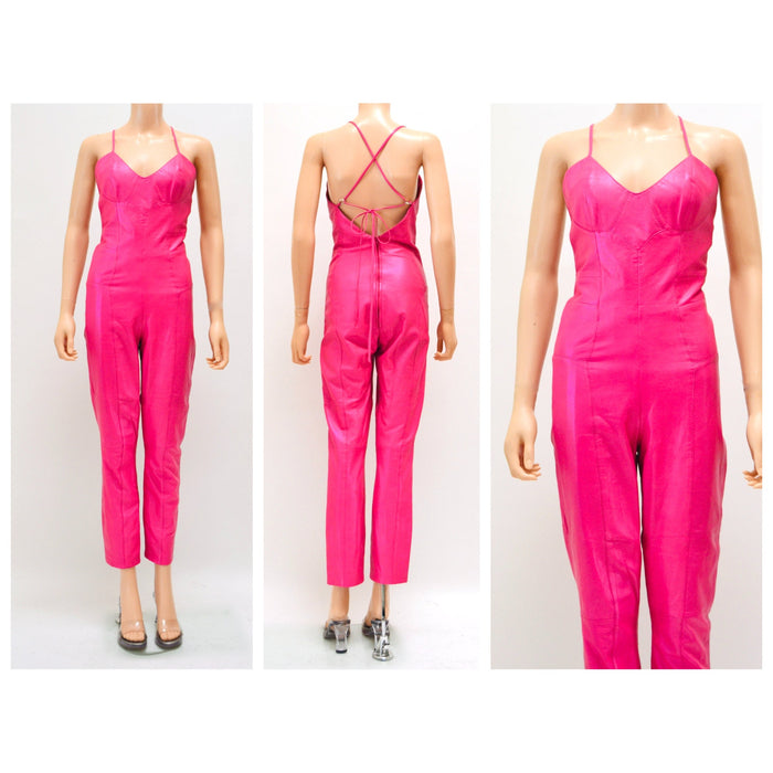2000s Y2k Pink Leather Jumpsuit Cat Suit Pink Leather Lace up Sexy Jumpsuit By Michael Hoban North Beach Leather Size XS Small