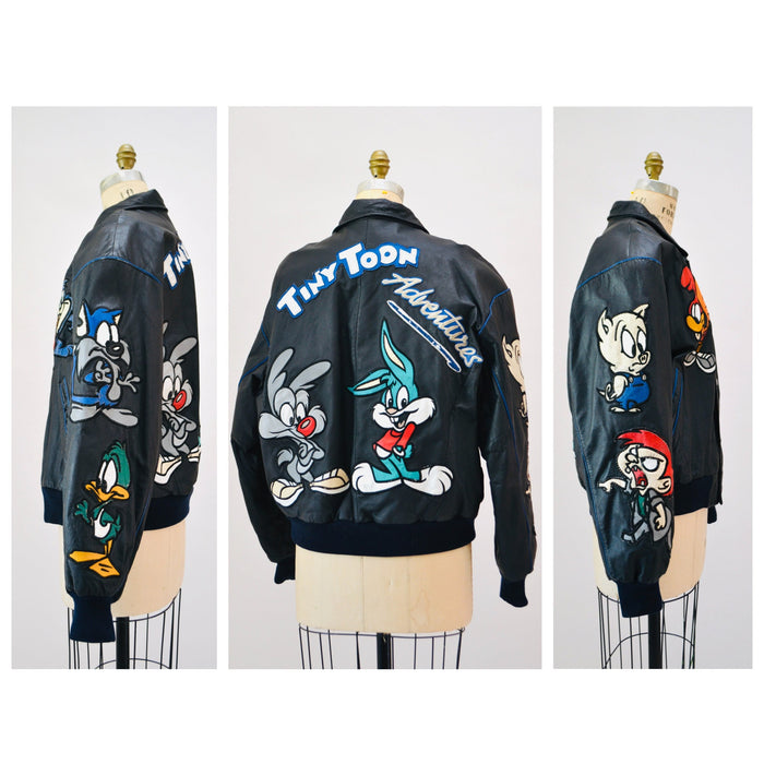 80s 90s Vintage Tiny Toons Adventures Leather Jacket Looney Tunes Cartoon Large Montana Toons Leather Jacket Warner Bros Taz Bugs Bunny