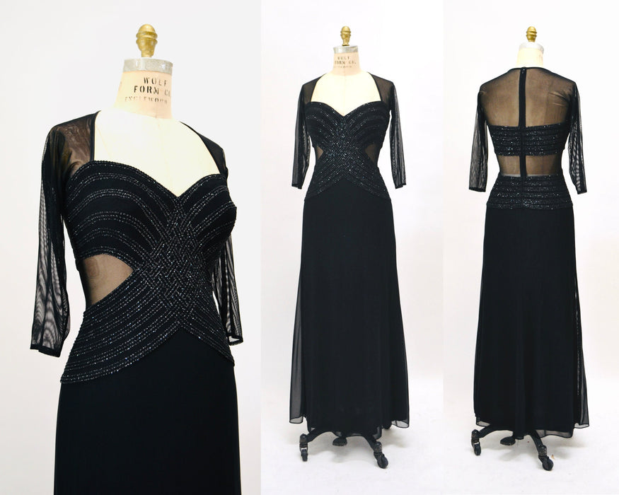 90s Vintage Black Metallic Evening Gown Prom Dress Illusion Dress Small // Black 90s Mesh Cut out Dress Bondage Dress Small Medium Tadashi