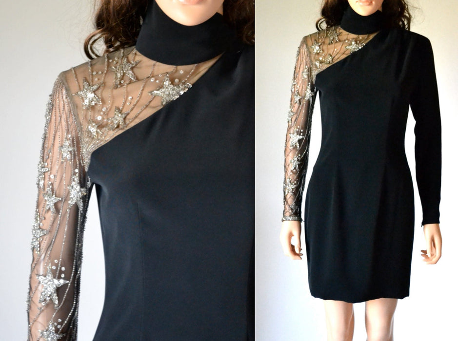 90s Vintage Black Beaded BOB MACKIE Dress with stars Medium Large // Vintage Black Illusion Dress// Metallic Celestial Sequin Party Dress