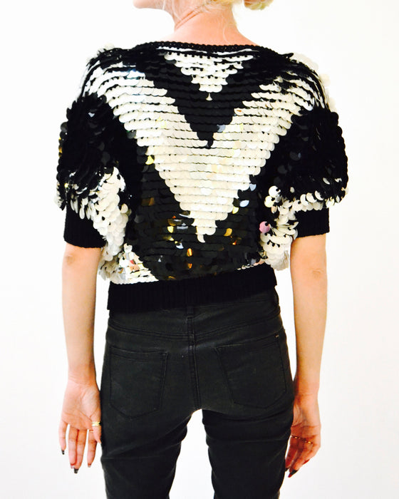 Vintage Black Sequin Shirt Black White Silver Small Dolman Batwing Sleeves 80s 90s Disco// Vintage Black Metallic Sequin Top Large Sequins
