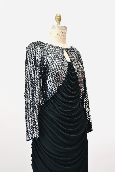 70s 80s Vintage Black Stretch Disco Sequin Dress Medium// 70s 80s Black Metallic Sequin Sexy Knit Dress 70s Disco Party Body Con Dress