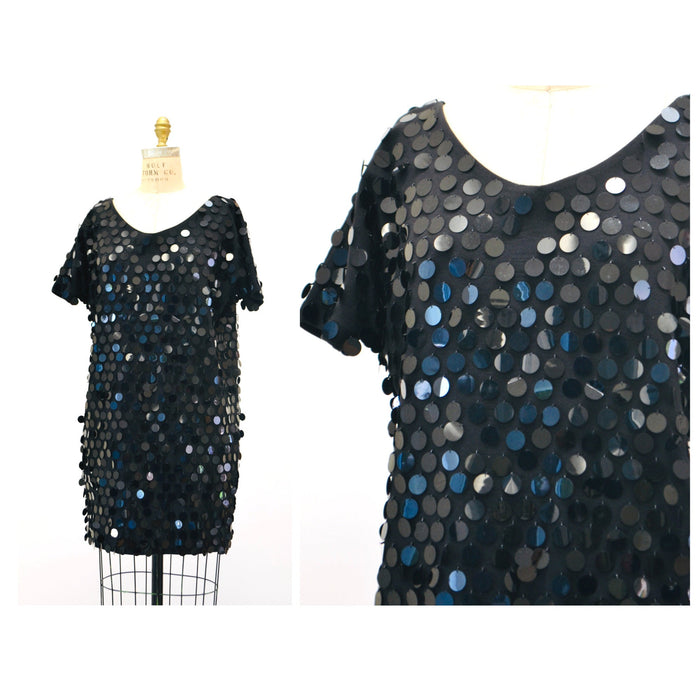 80s 90s GLAM Vintage Black Sequin Shirt Tunic Dress Large Fringe Sequin Beaded Pallet Sequin Top 80s 90s Party Top Cocktail Dress Large