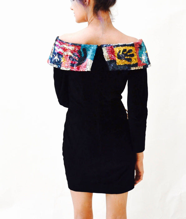 90s Black Leather Suede Dress Metallic Sequin Black Body Con Dress by Michael Hoban North Beach XS Henry Matisse Art Art Basel Long Sleeve