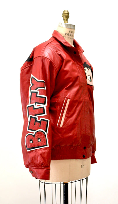 80s 90s Vintage Red Leather Jacket with Betty Boop Jacket// 90s 80s Red Leather Biker Jacket Betty Boop Comic Cartoon Small Medium Maziar