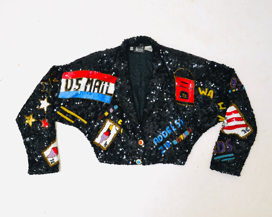 80s 90s Vintage Sequin USA Jacket American Flag USPS Jacket Medium By Modi// Vintage Black Sequin Jacket USA America Olympics Sequin Jacket