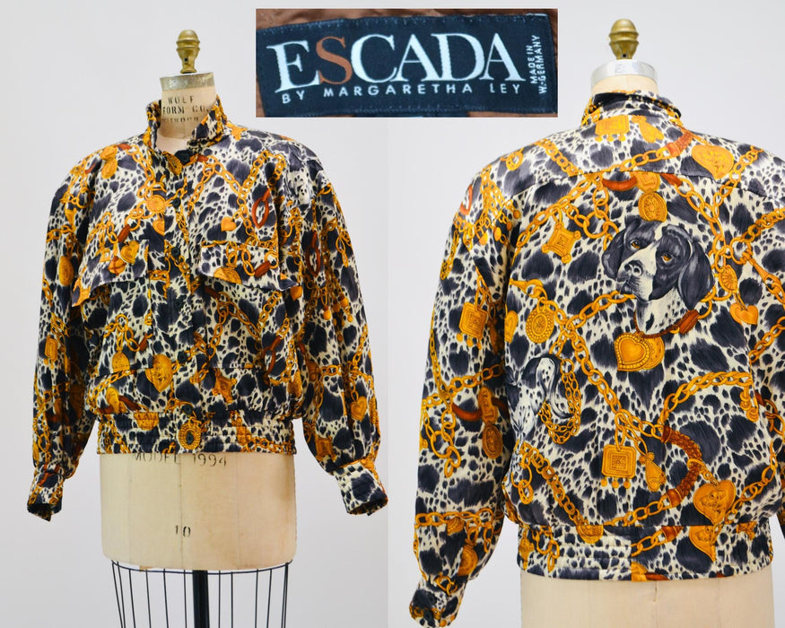 80s 90s Escada Jacket Vintage Silk Animal Dog Dalmatian Print Jacket Vintage Dog Jacket// Vintage Dog Print Bomber Jacket Escada Scarf Print
