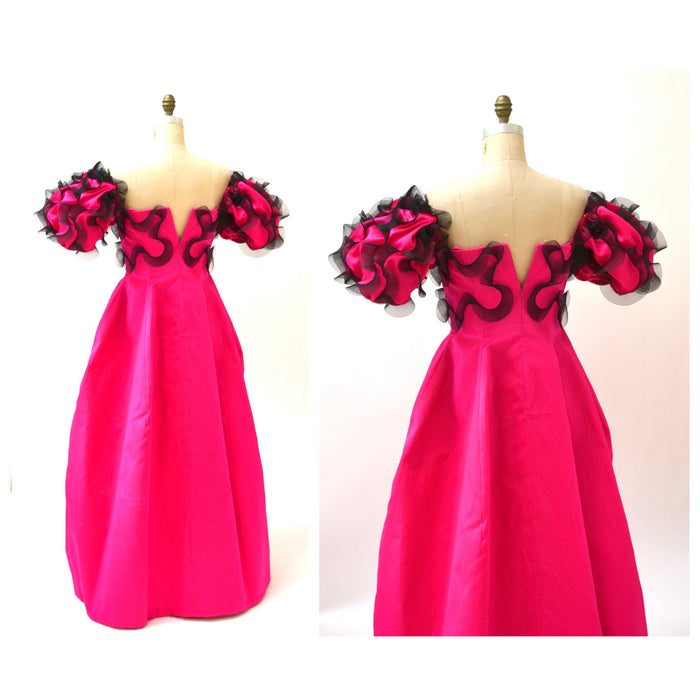 90s Vintage Pink Ball Gown Dress Small Medium By Bill Blass Bergdorf Goodmans Bright Pink Ruffle Gown Dress Off the Shoulder Dress