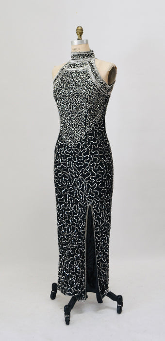 90s 00s Black Prom Party Dress Black Silver Metallic Sequin Dress Evening Gown Small Medium Halter Black Beaded Dress Beauty Pageant dress