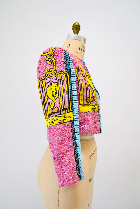90s Vintage Jeanette Kastenberg Platinum Sequin Jacket Looney Tunes Warner Brothers Cartoon Beaded Jacket Small Tweety Bird and Sylvester