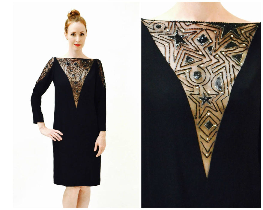 70s Vintage BOB MACKIE Dress Black Sequin Beaded Stars// Vintage Black Illusion Dress// Metallic Celestial Sequin Dress Medium Stars