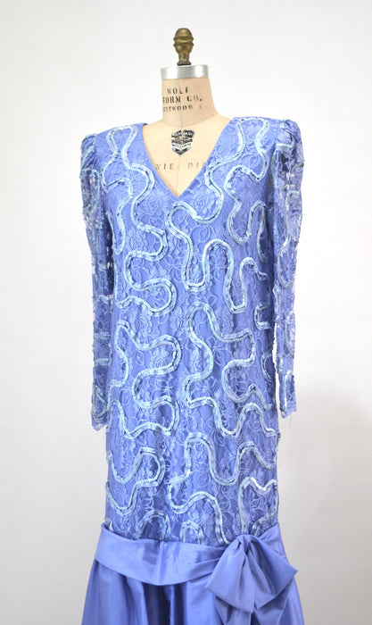 Vintage 80s Lavender Lace Sequin Dress Metallic Purple Long Sleeve Dress Medium Large// 80s Vintage Sequin Maternity Lace Barbie Dress