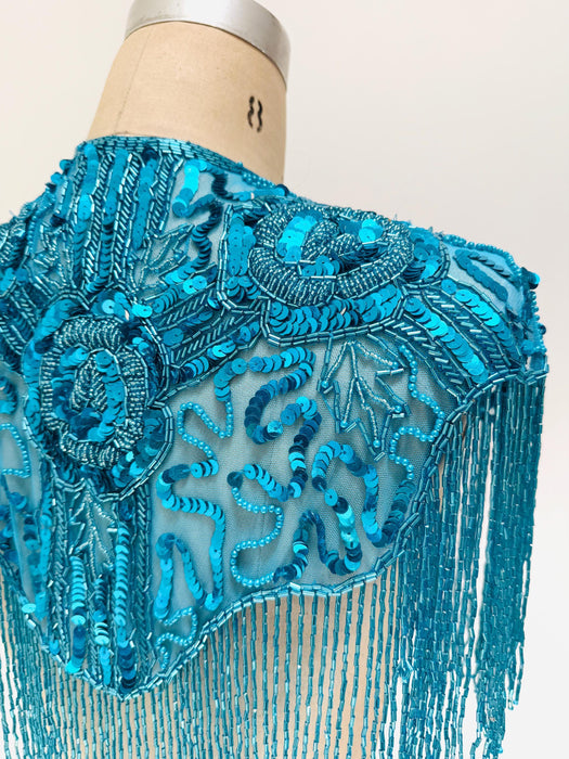 90s Vintage Turquoise Blue Beaded Fringe Shawl Wrap Burlesque Wedding Flapper Blue Metallic Beaded Vintage Fringe Collar Showgirl