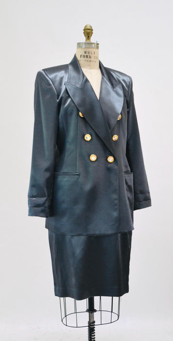 90s Vintage Gray Pewter Satin Jacket Blazer Suit Skirt Dark Grey Blazer 80s 90s Glam Power Suit Medium Criscione 90s Suit Rhinestone buttons
