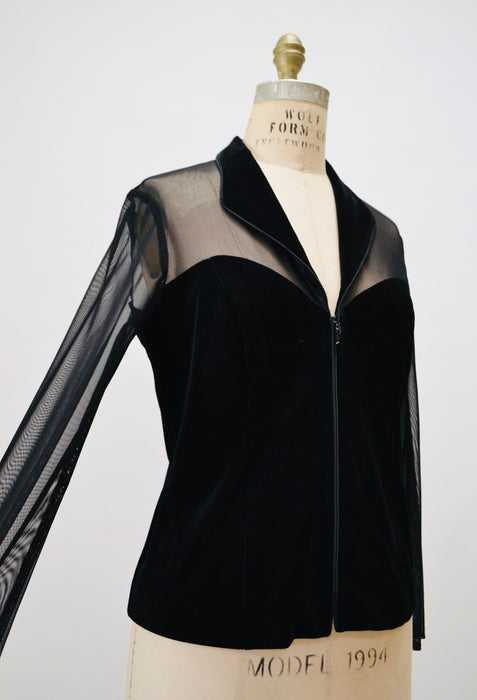 90s Vintage Sheer Black Velvet Top 90s Party Sheer long Sleeve Top Medium Large // 90s Sheer Mesh Velvet Party Shirt Tadashi Inspired Top