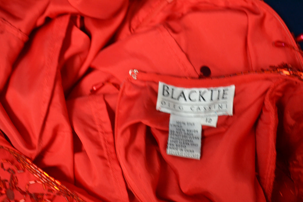 90s Vintage Red Sequin Beaded Fringe Dress Medium Black Tie Oleg Cassini// Vintage Red showgirl Dress Beaded Fringe Dress Medium Large