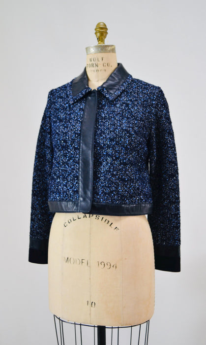 Vintage St. John Couture Navy Blue Jacket Blue Boucle Jacket Leather Size 4 Blue  Jacket St John Navy Blue Convertible Leather Wool Jacket