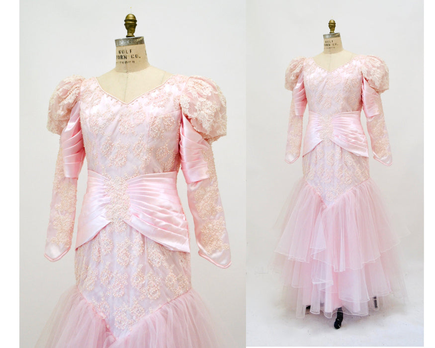 Vintage 80s Pink Ball Gown Wedding Dress Beaded Sequin Medium Pink Ball Pageant Gown Dress //80s Pink Glinda Wedding Dress Princess Gown