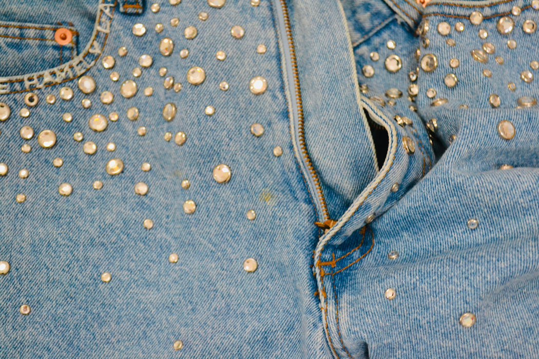 80s 90s Vintage Rhinestone Studded Jeans Pants Leslie Hamel High Waisted Jeans Rhinestone Denim Metallic Madonna jeans Small medium 4 6 8
