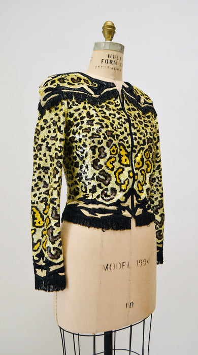 80s Vintage Valentino Sequin Jacket Leopard Cheetah Animal Pattern Beaded Fringe// Vintage Valentino Sequin Beaded Jacket Small Medium