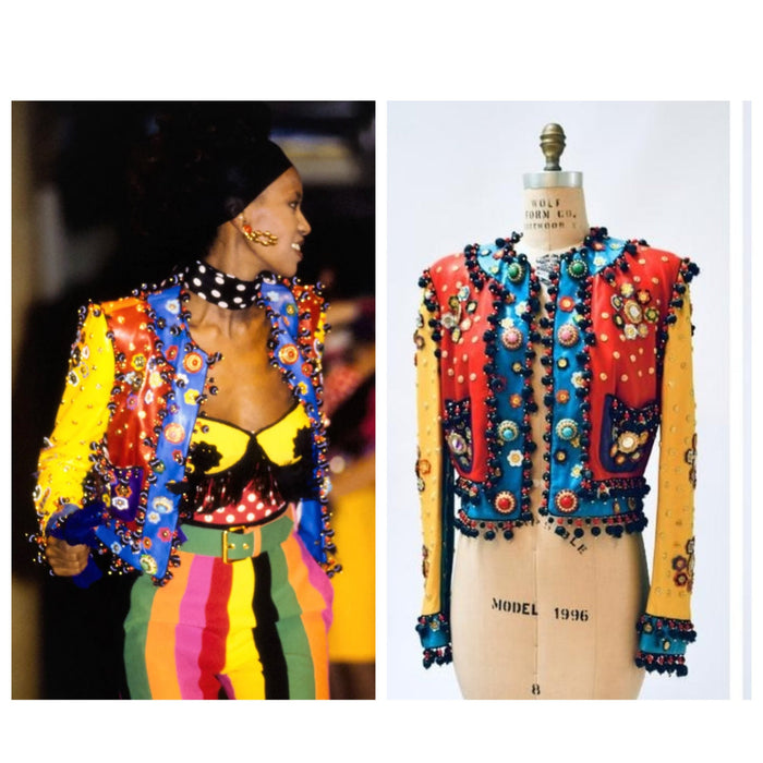 Vintage 90s Moschino Leather Jacket Gold Metallic 1991 Spring Summer Moschino Studded Leather Jacket Red Blue Green Yellow Made in ITaly