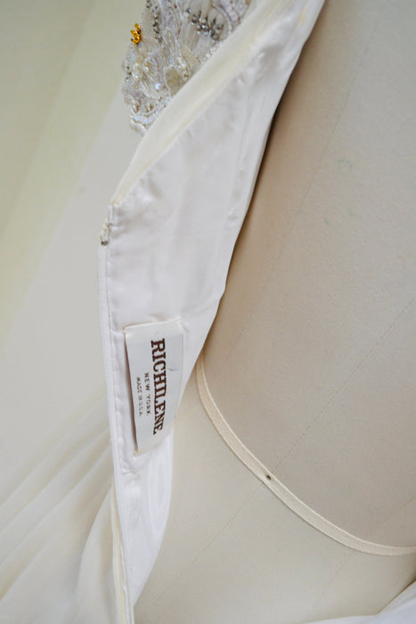 70s 80s Vintage Cream White Silk Chiffon Sequin Beaded Gown Dress XS Small Richilene// Vintage Silk Conservative Wedding Gown Beaded sequin