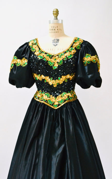 80s Prom Sequin Dress Black Ball Gown Medium Large // Vintage 80s Pageant Princess Dress Ball gown Mike Benet Sequin Party Dress Black Gold