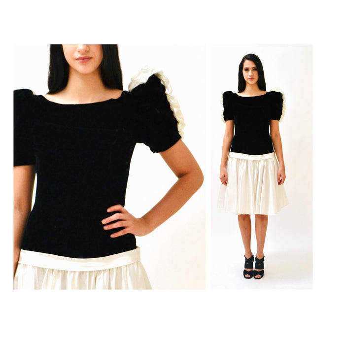 Vintage 80s Party Dress Black White Velvet Dress XXS XS Small By Alyce Design 80s 90s Prom Pageant Dress black White Crinoline Dress