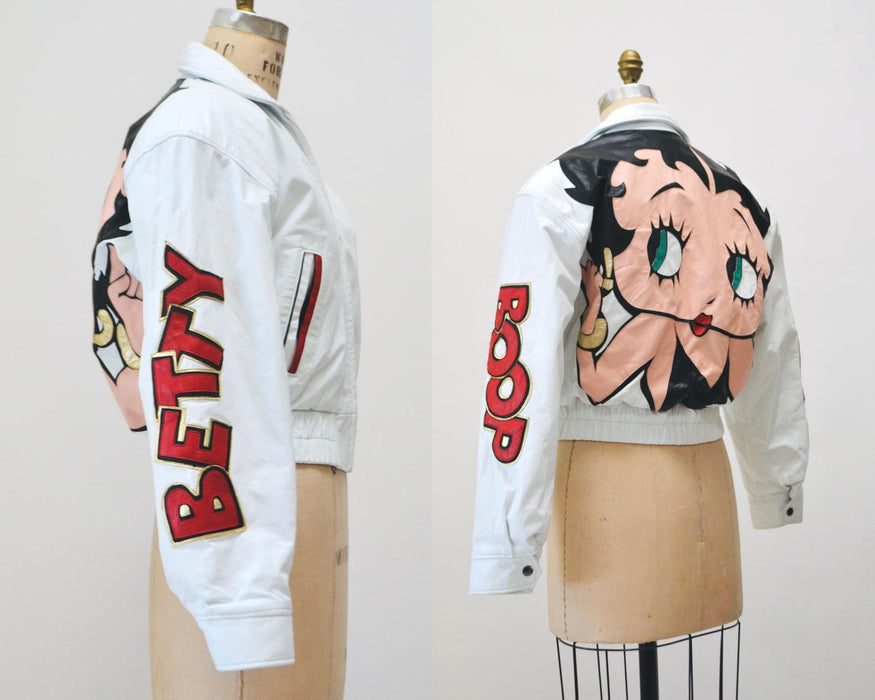80s 90s Vintage Leather Jacket Betty Boop Small Medium Vintage White Leather Bomber Jacket with Betty Boop Comics Pop Art Leather By Maziar