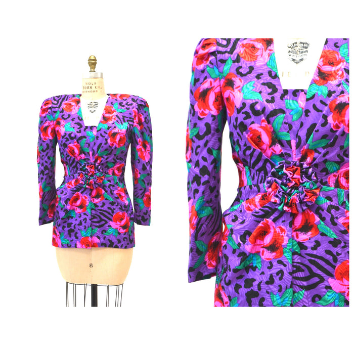 80s 90s Silk Animal Print Floral Print Shirt Purple Pink 80s 90s glam Silk Jacket Shirt Blouse Small Medium Floral Zebra Animal Print Blazer