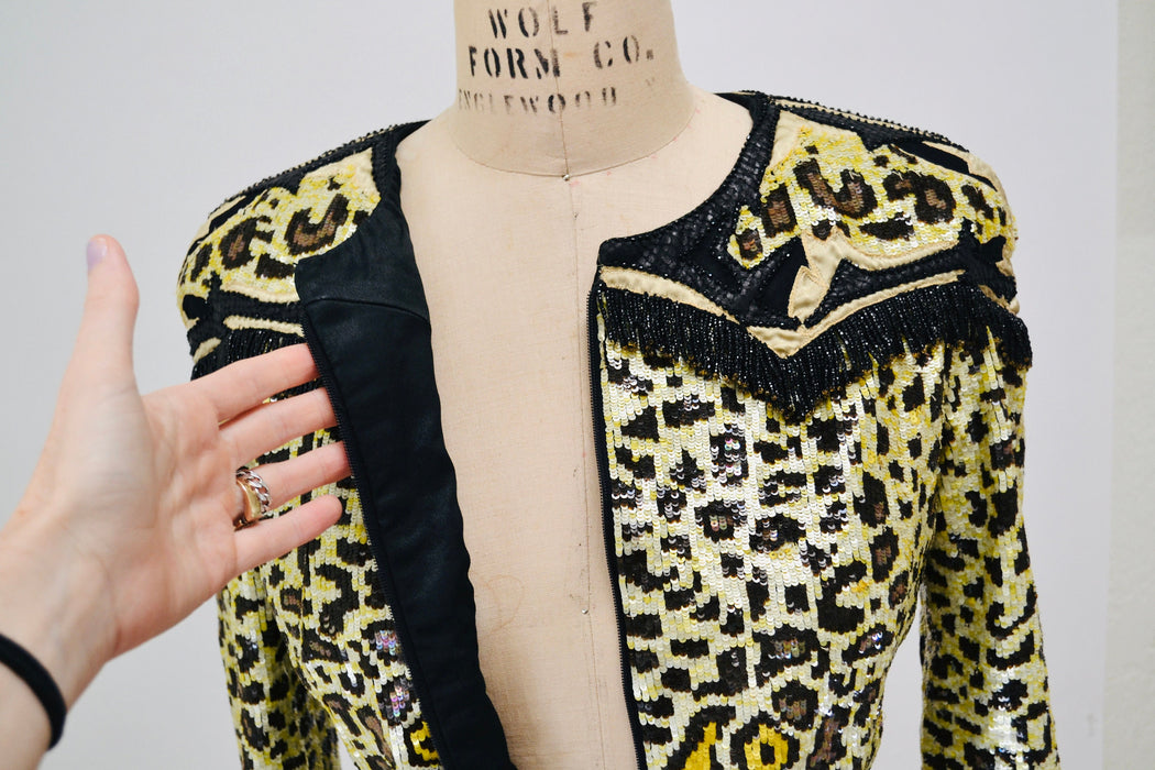 80s Vintage Valentino Sequin Jacket Leopard Cheetah Animal Pattern Beaded Fringe// Vintage Valentino Sequin Beaded Jacket Small Medium
