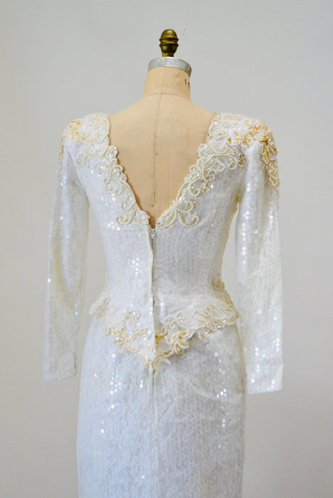80s 90s Vintage White Lace Sequin Wedding Dress Vintage Conservative Wedding Dress SMALL Medium // Long Sleeve Vintage White Sequin Dress