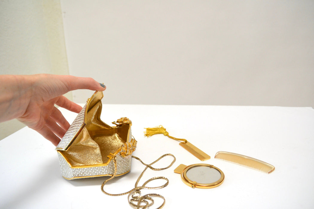 Vintage Judith Leiber Evening Bag Swarovski Crystal Minaudiere Gold Clutch Pearl Crystals Silver Gold Metal Clutch Bag wedding Purse