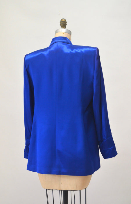 Vintage 80s 90s Cobalt Blue Satin Suit Jacket Blazer 90s Blue Barbie Power Suit Medium Large Rhinestone Buttons// 90s Glam Jacket  Criscione