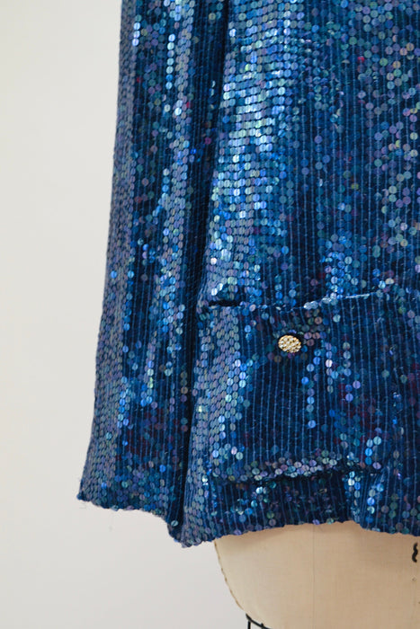 80s 90s Glam Vintage Blue Iridescent Sequin Jacket Large Blue Metallic Gold Rhinestone Buttons Jacket Sequin Jacket Jeanette Kasetenberg