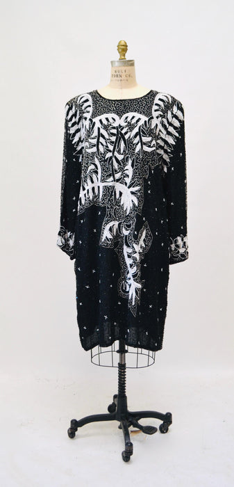 80s GLAM Vintage Black White Sequin Party Dress XL X Large// Vintage Black Sequin Dress Flapper Disco 3X Plus Size Vintage Beaded dress