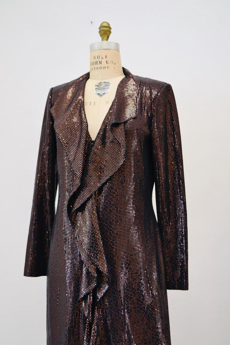 Vintage St John Dress Brown Metallic Knit Ruffle Cardigan Sweater St John// Brown Metallic Party Dress Sweater Cardigan Medium Large St John