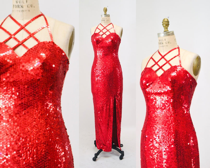90s Vintage Red Sequin Party Dress Small// Vintage Red Sequin Prom Party Evening Gown Dress Small Pageant Jessica Rabbit Party Dress