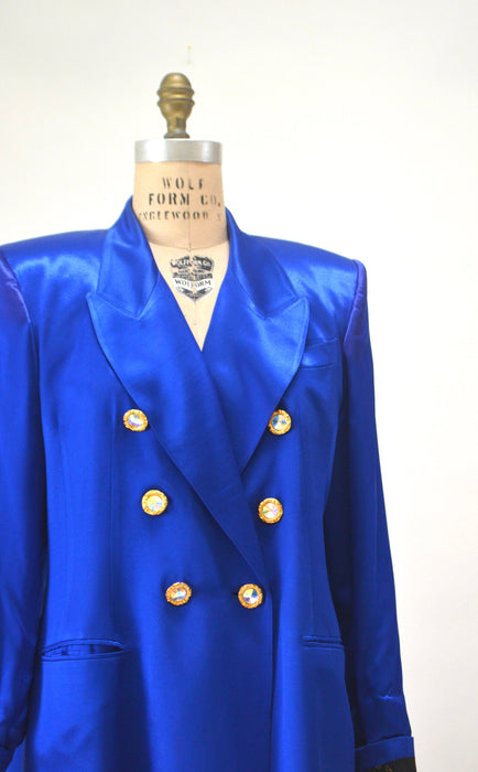 Vintage 80s 90s Cobalt Blue Satin Suit Jacket Blazer 90s Blue Barbie Power Suit Medium Large Rhinestone Buttons// 90s Glam Jacket  Criscione