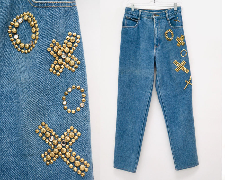 80s 90s Vintage Gold Studded Jeans Pants High Waisted Jeans Rhinestone XOXO love Gold Studded Denim Metallic jeans Small medium 4 6 8