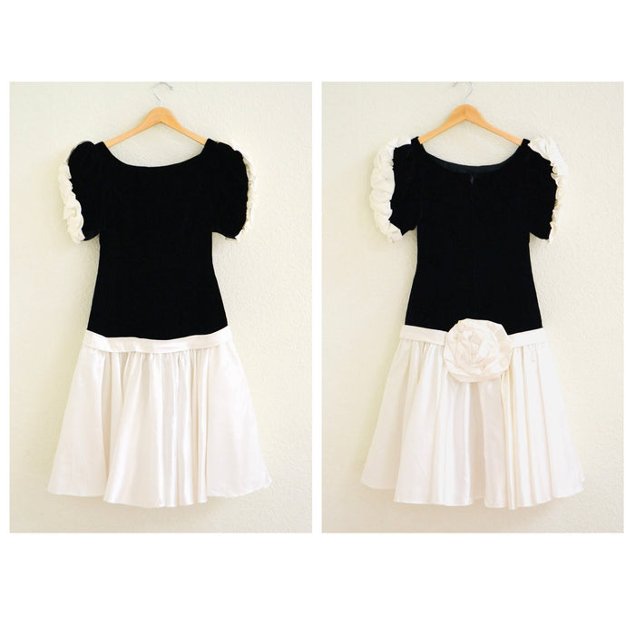 Vintage 80s Party Dress Black White Velvet Dress XXS XS Small By Alyce Design 80s 90s Prom Pageant Dress black White Crinoline Dress