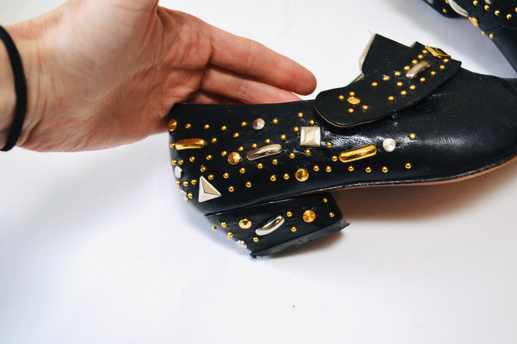 80s 90s Black Leather Cropped Boots size 7 1/2 Cropped Studded Rockstar Black Booties Flats // 90s Black Leather Booties Shoes Size 7 7 1/2