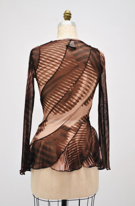 2000s Jean Paul Gaultier Soleil Mesh Shirt long sleeve Sheer op-art top Mesh Sheer Shirt Fashion top Jean Paul Gaultier Brown Tan Stripe