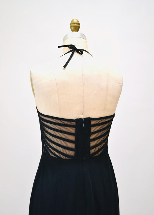90s Vintage Black Halter Dress Sheer Sexy Black Dress Small Medium 90s Party Long Black Halter Neck Prom Dress Long Black Evening Gown