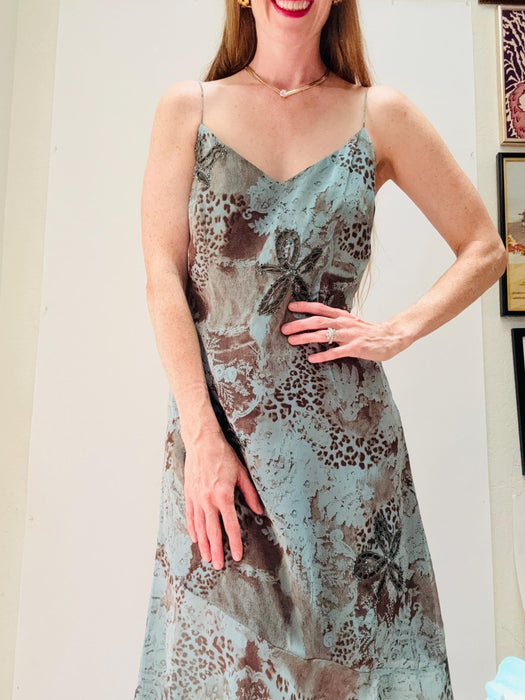 Vintage 00s Y2K Slip Tank Dress Dress Bob Mackie Animal Print Chiffon Dress Medium Summer Wedding Party Slip Dress Blue Brown Beach Dress