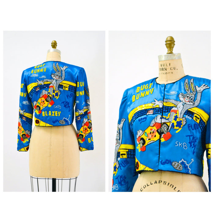 90s Vintage Jeanette Kastenberg Sequin Beaded Jacket Looney Tunes Bugs Bunny Skater Taz Cartoon Beaded Jacket Small Medium Blue Yellow